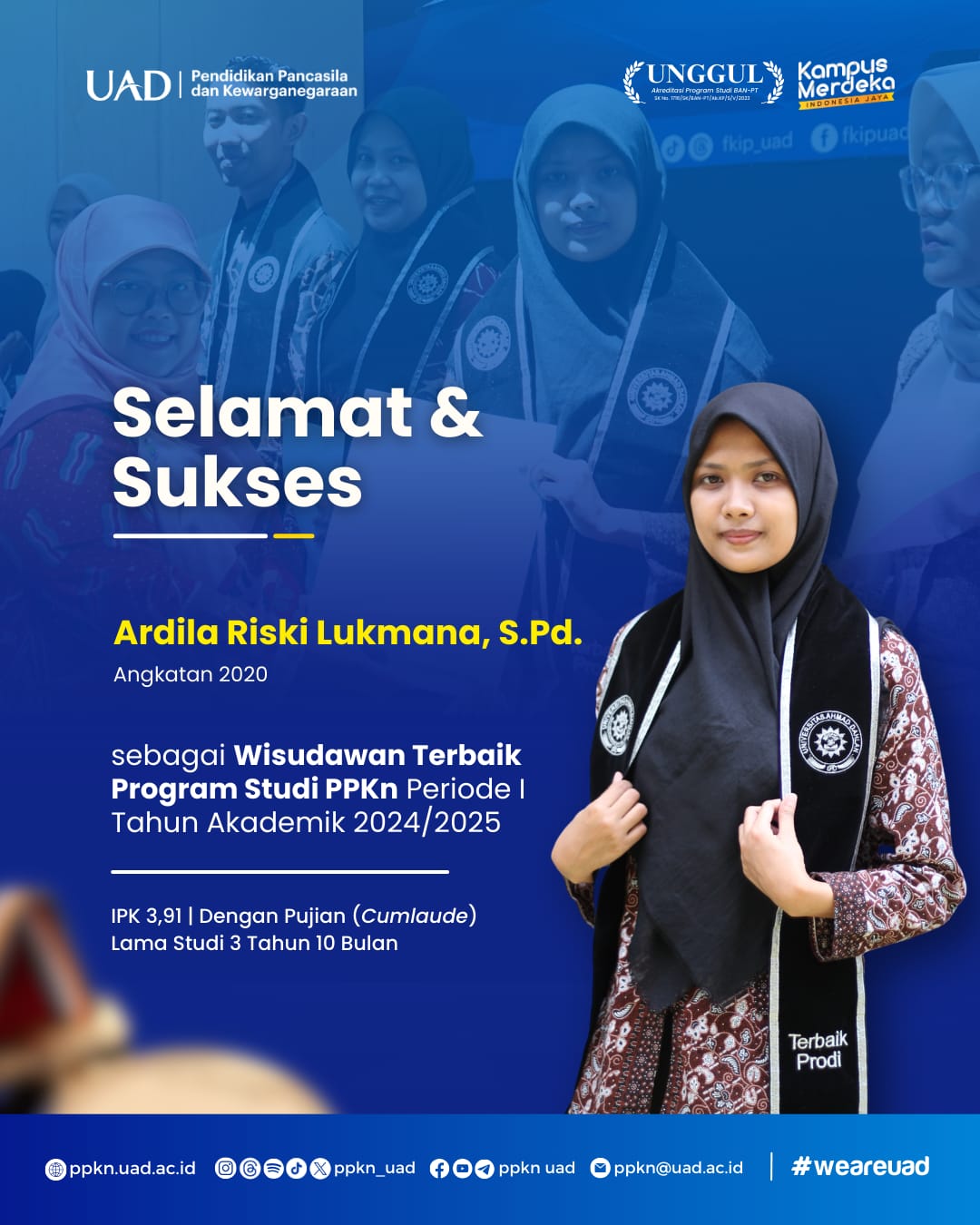 Ardila Riski Lukmana, Wisudawan Terbaik Prodi PPKn UAD Periode I Tahun 2024/2025