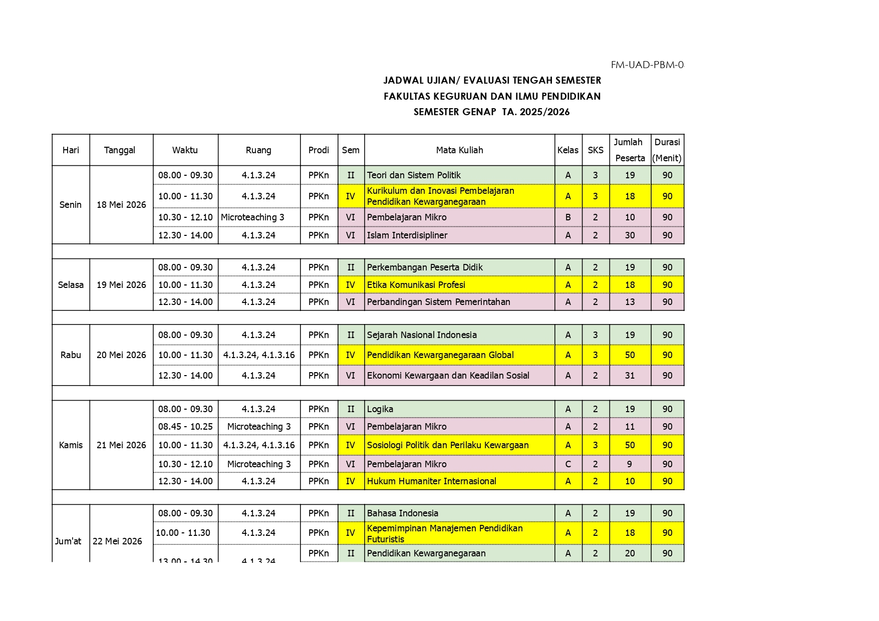 Jadwal UTS Prodi PPKn Semester Genap 2025/2026