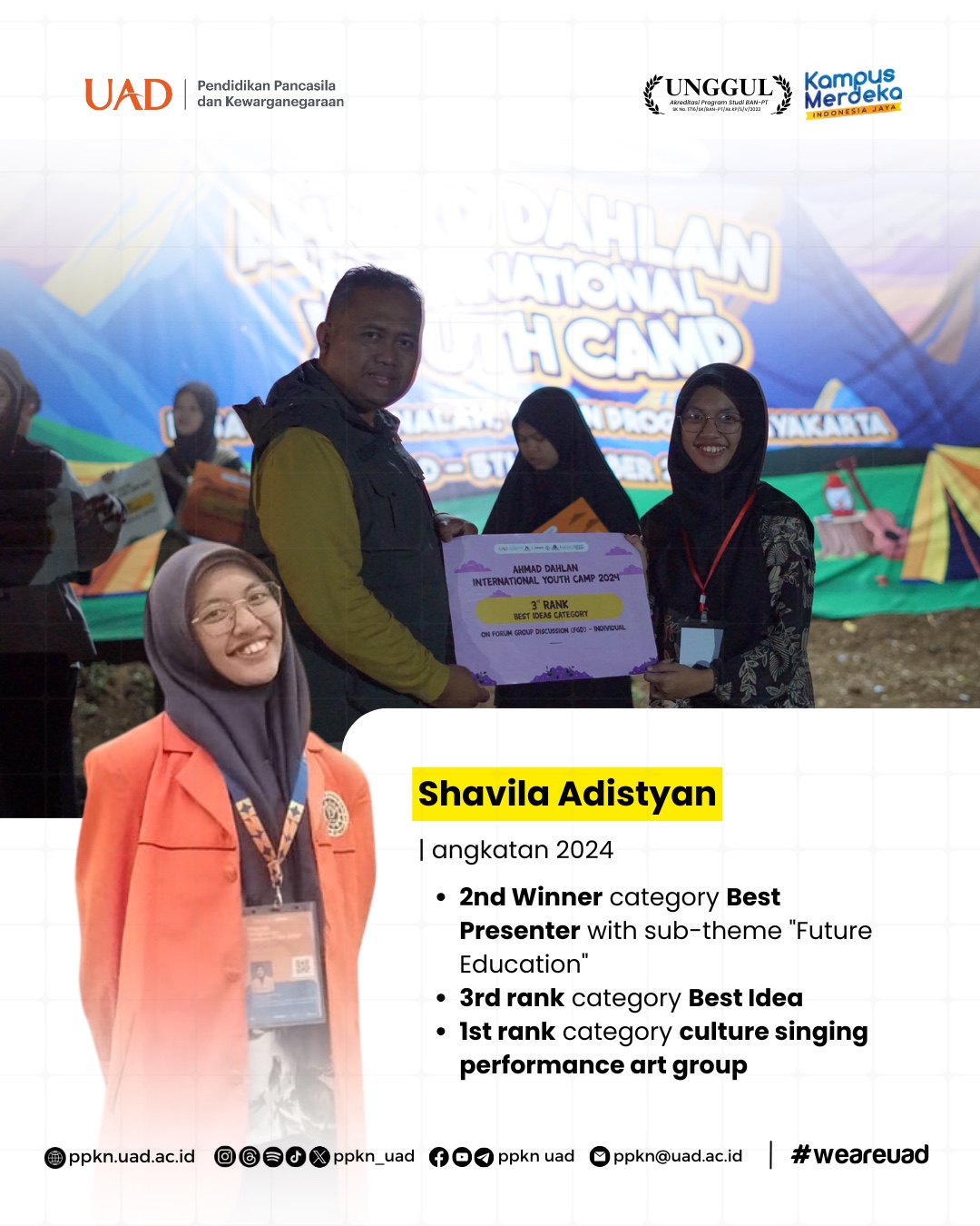 Mahasiswa PPKn UAD, Shavila Adistyan dan Nabila Sya'fa Laksita, Raih Penghargaan di Ahmad Dahlan Internasional Youth Camp 2024