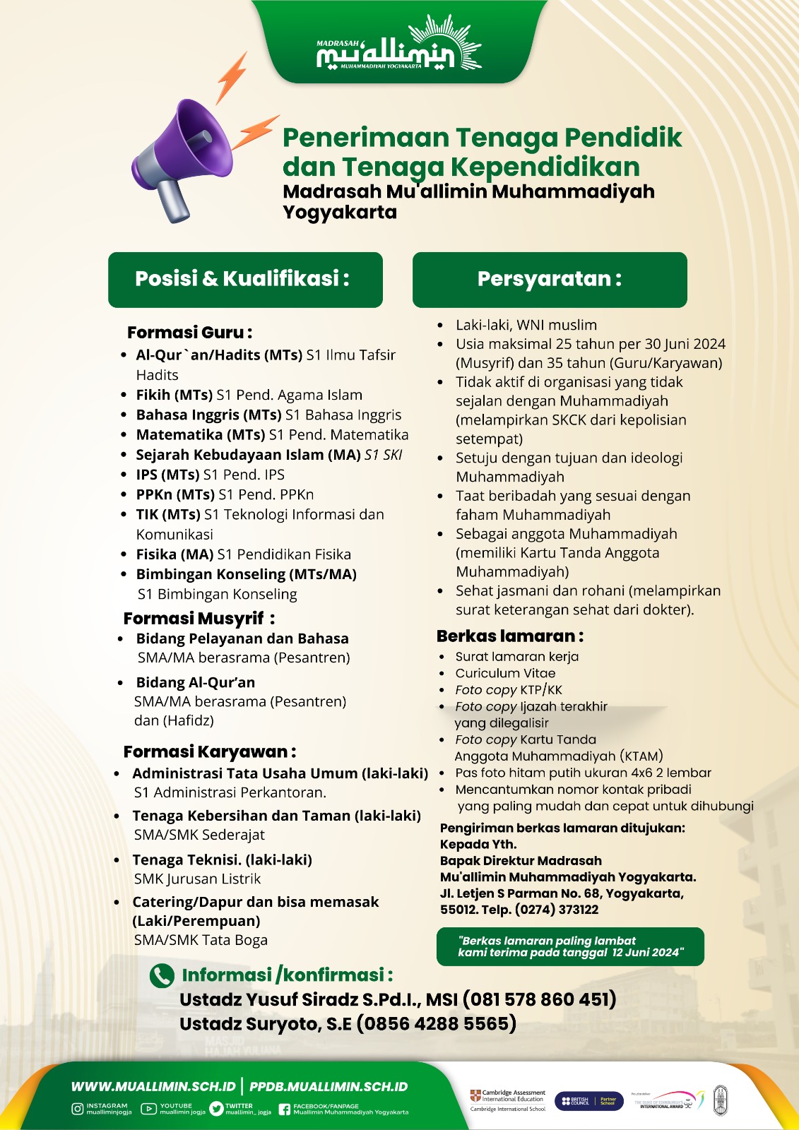 Penerimaan Tenaga Pendidik dan Tenaga Kependidikan Madrasah Mu'allimin Muhammadiyah Yogyakarta