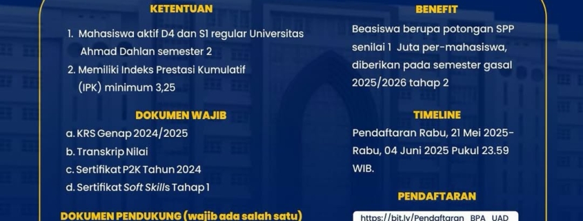 Telah dibuka Pendaftaran Beasiswa Presentasi Akademik (BPA) Mahasiswa Aktif Semester II Tahun Akademik 20242025