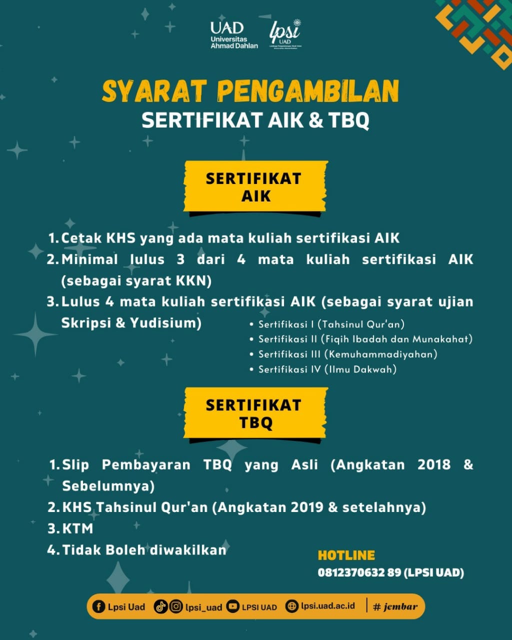 Syarat Pengambilan Sertifikat AIK da TBQ